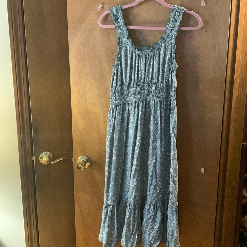 Patrons of Peace Medley Midi Dress Smocked waistline Boho- L - blue paisley